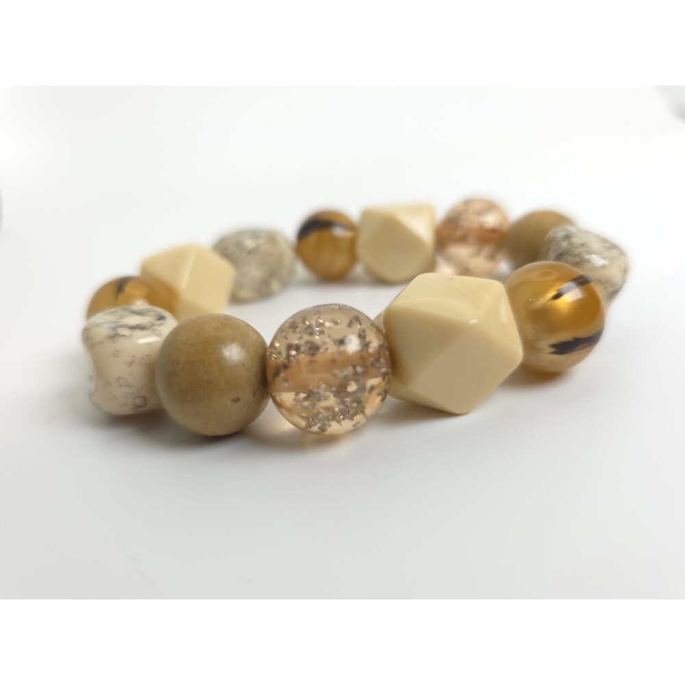 Vintage Stretch Bracelet w/ Geometrical Glass and Stones - Cream & Brown tones
